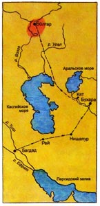 Схематическая карта путешествия посольства Багдадского халифата.